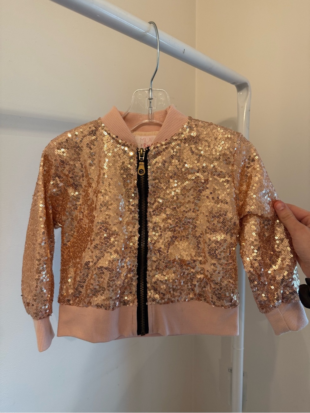 Mila and Rose girls sparkling sequin champagne pink bomber jacket